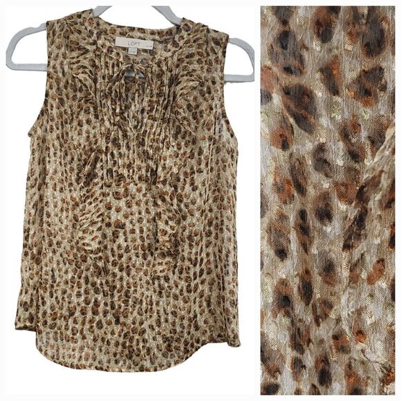 LOFT Petites Cheetah Print Swiss Dot Sheer Sleeveless Blouse Ruffle Pleated Top - Picture 1 of 12